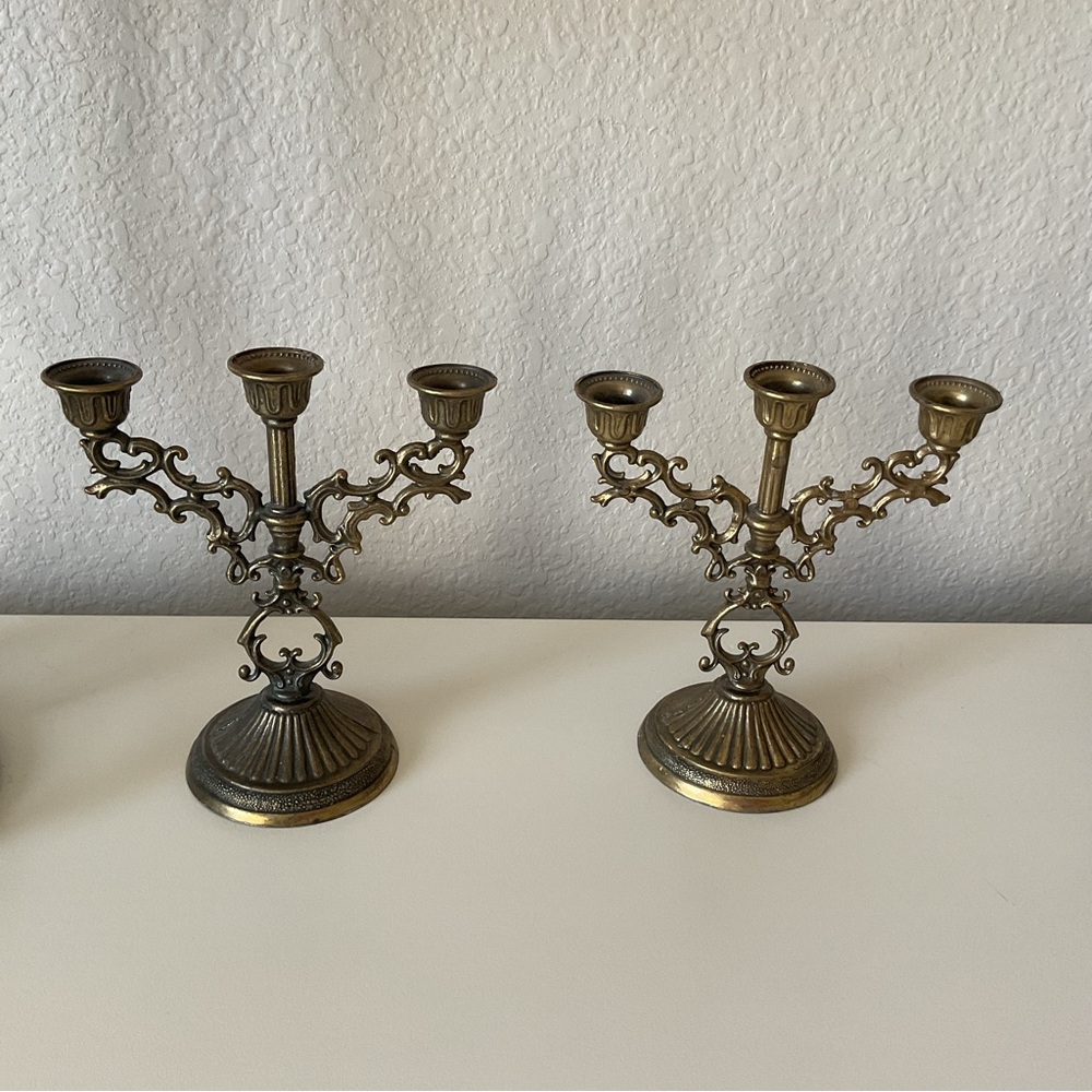 Antique,Brass Three-Arm Candelabra Pair - Brass